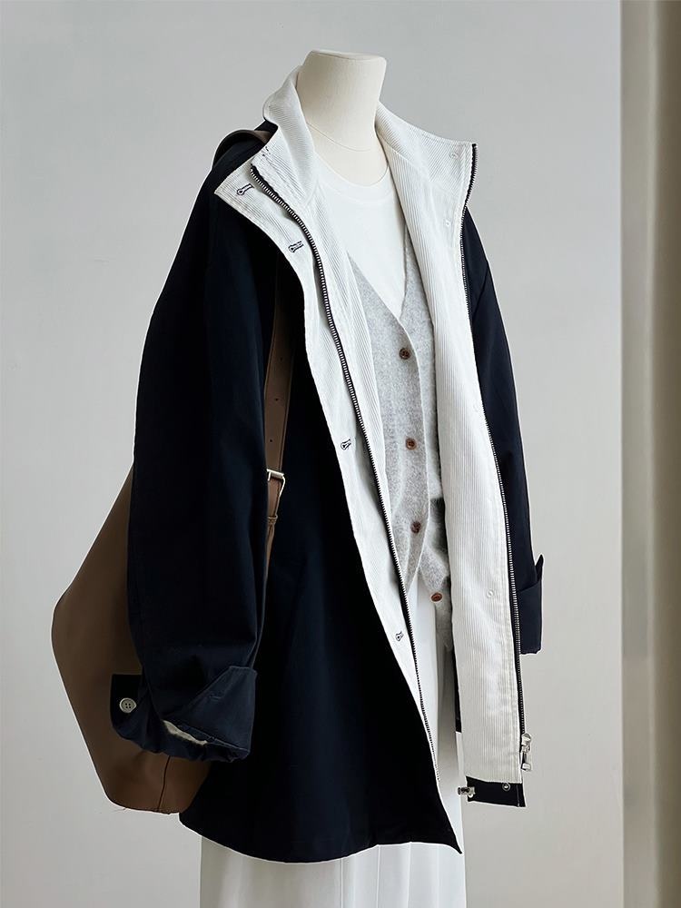 1916 Retro Navy Blue Mid-Length Stand Collar Trench Women's Clothing_voghion.com