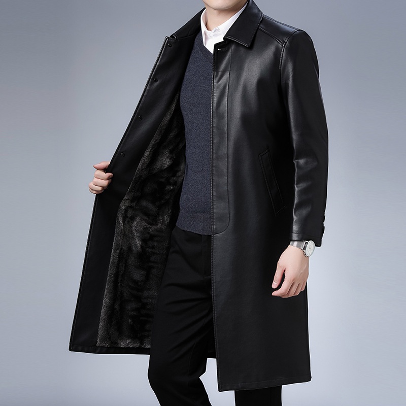 boy Boy Boy 2022 Winter New Men's PU Trench Casual Extended Over-the-Knee Jacket Middle-Aged Turn-Down Collar Leather Coat Wholesale_voghion.com