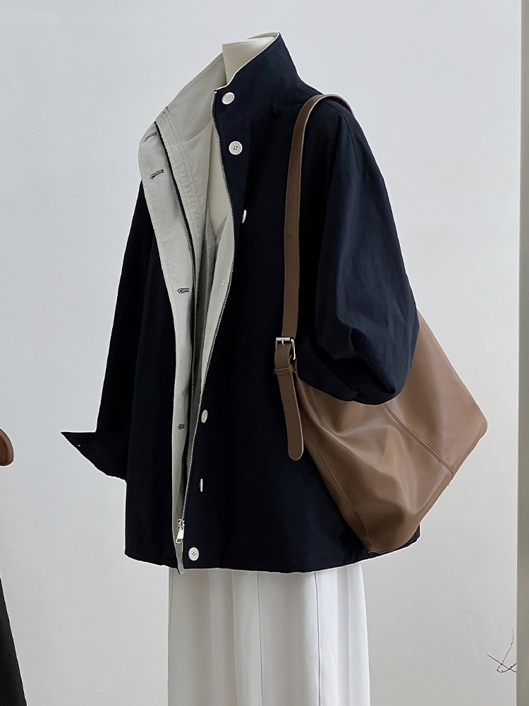 1916 Retro Navy Blue Mid-Length Stand Collar Trench Women's Clothing_voghion.com