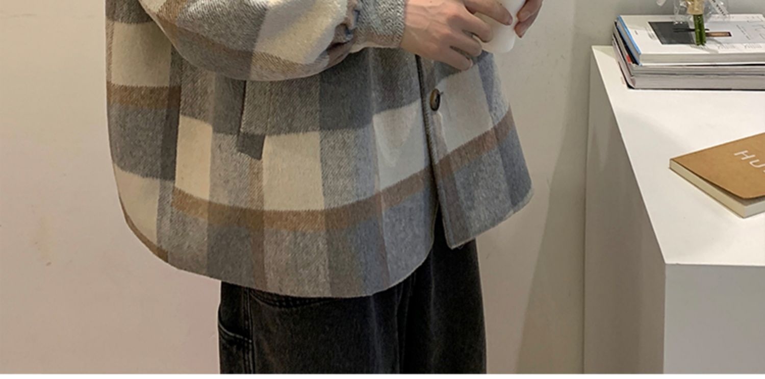 boy Boy Boy Plaid Wool Coat Men, Mid-Length, Autumn Trendy Trench Coat, Loose Fit, Winter Thickened Woolen Jacket For Men_voghion.com
