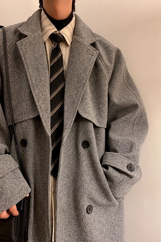 boy Boy Boy Mid-Length Men's Autumn And Winter Thickened Korean Style Suit Woolen High-End Sleek Over-the-Knee Trench Coat_voghion.com