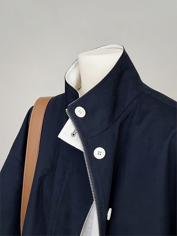 1916 Retro Navy Blue Mid-Length Stand Collar Trench Women's Clothing_voghion.com
