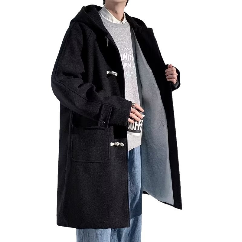 boy Boy Boy 2025 Winter Men's Horn Button Thickened Lamb Wool Mid-Length Hooded Trench Plus Size Casual Woolen Coat Jacket_voghion.com