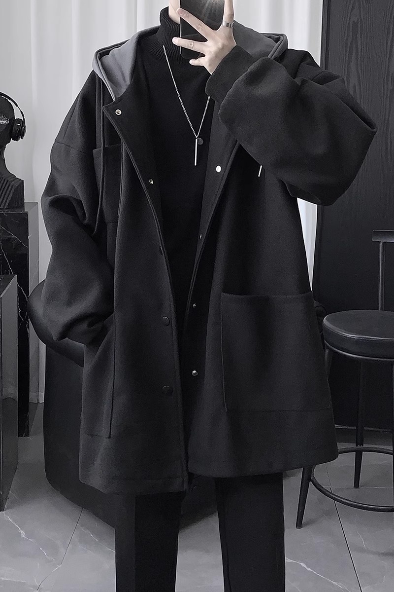 boy Boy Boy Quilted Hooded Wool Coat For Men, Mid-Leth Woolen Overcoat, Winter Thickened Black Korean Style Loose Fit Men's_voghion.com
