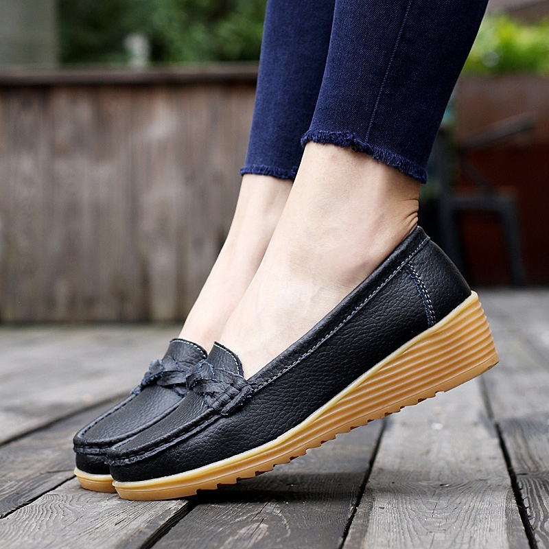 ShoeGlobe Cross-Border Spring Autumn New Cowhide Middle-Aged And Elderly Mom Women's Single Loafers Soft Sole Wedge Nurse Shoes_voghion.com