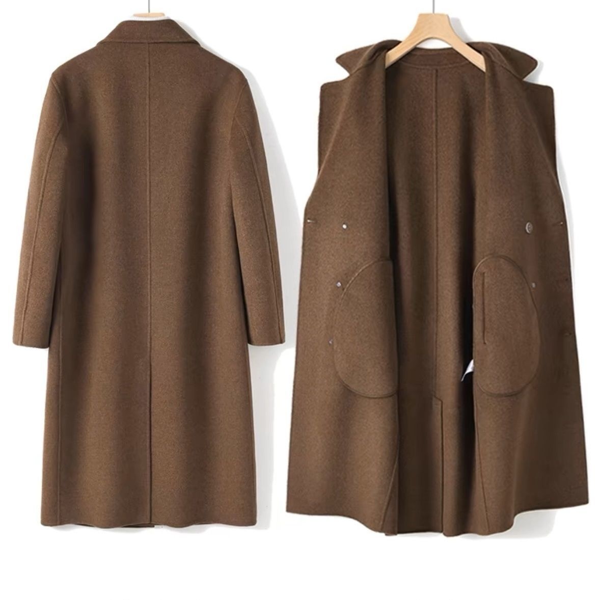 boy Boy Boy Autumn Winter Long Over-the-Knee Double-Sided Men Double-Breasted Korean Style Loose Woolen Trench Coat Black_voghion.com