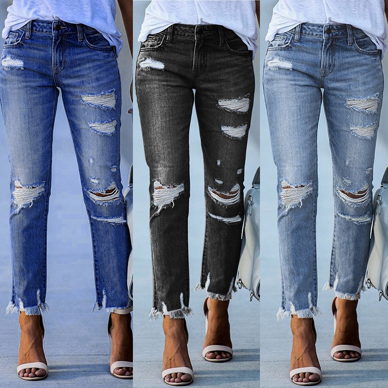 girl Factory Direct Sale 2025 New Washed Distressed Tassel Women's Jeans European And American Slim Fit Stretch Skinny Pants_voghion.com