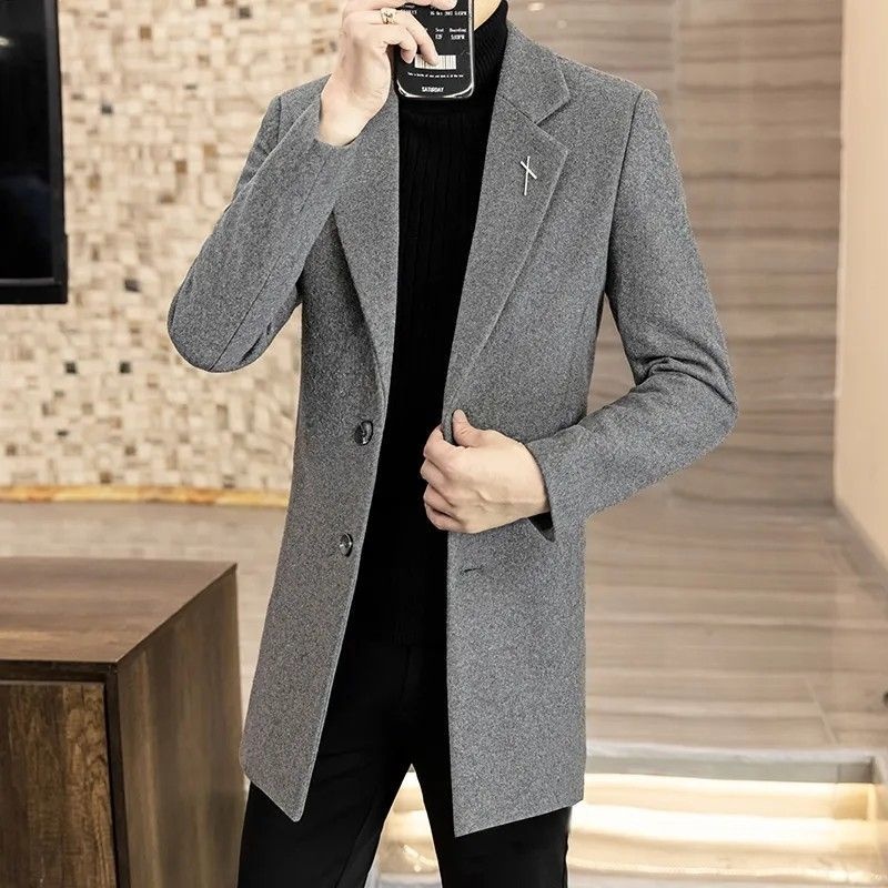 Manteau mi-long en laine style automne élégant hiver tendance coréen coupe slim pour homme_voghion.com