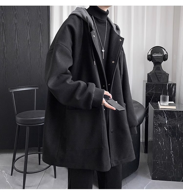 boy Boy Boy Quilted Hooded Wool Coat For Men, Mid-Leth Woolen Overcoat, Winter Thickened Black Korean Style Loose Fit Men's_voghion.com