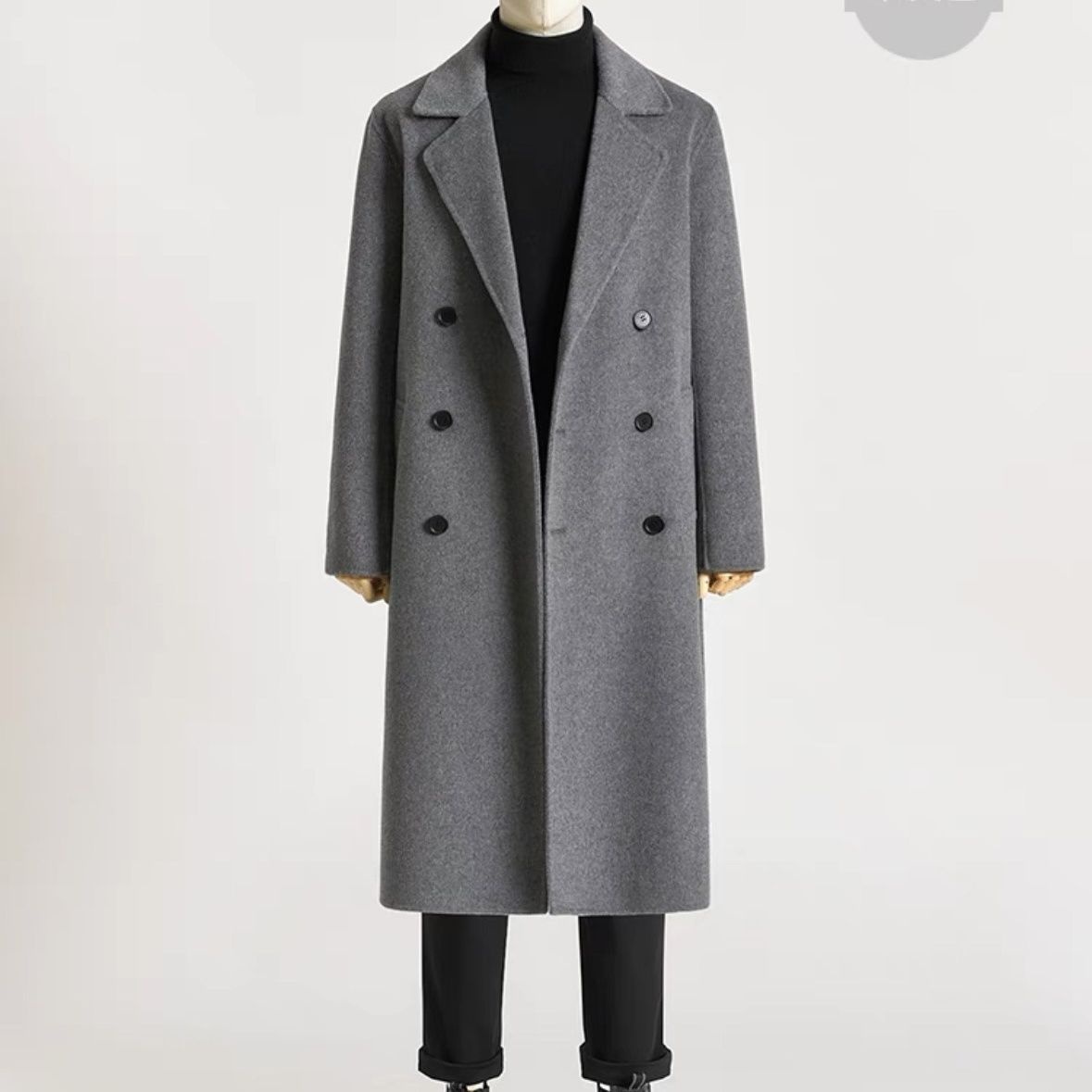 boy Boy Boy Autumn Winter Long Over-the-Knee Double-Sided Men Double-Breasted Korean Style Loose Woolen Trench Coat Black_voghion.com