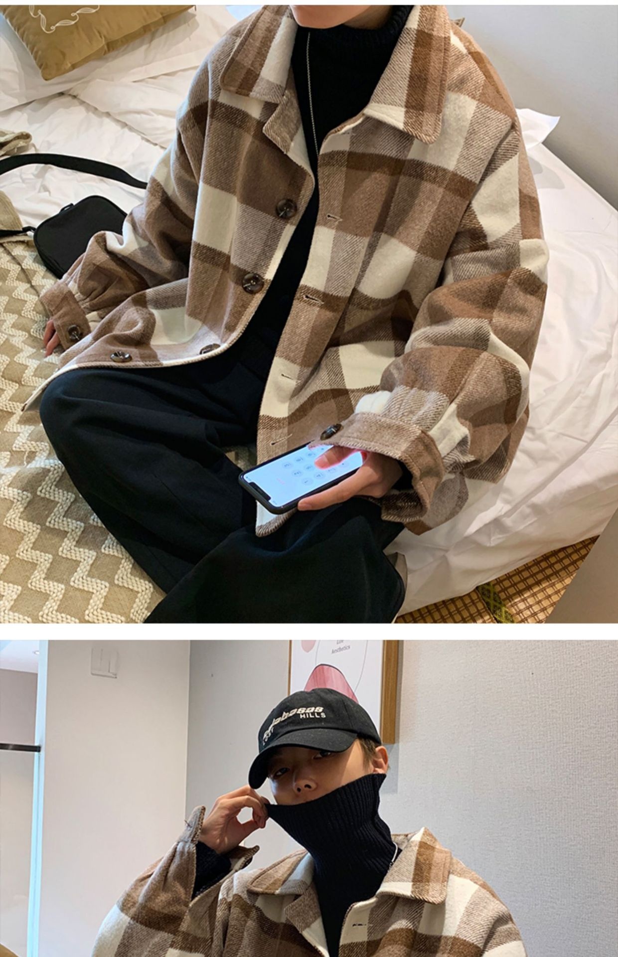 boy Boy Boy Plaid Wool Coat Men, Mid-Length, Autumn Trendy Trench Coat, Loose Fit, Winter Thickened Woolen Jacket For Men_voghion.com