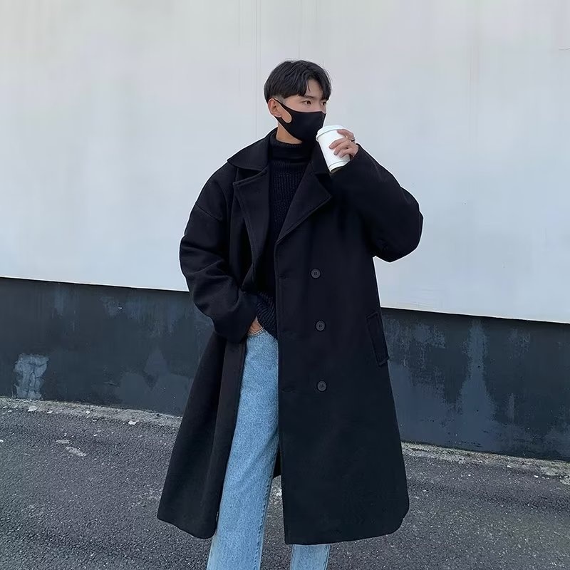 boy Boy Boy Double-Breasted Wool Coat For Men, Mid-Length Over-the-Knee Woolen Trench Coat, Autumn And Winter Korean Style, High-End_voghion.com