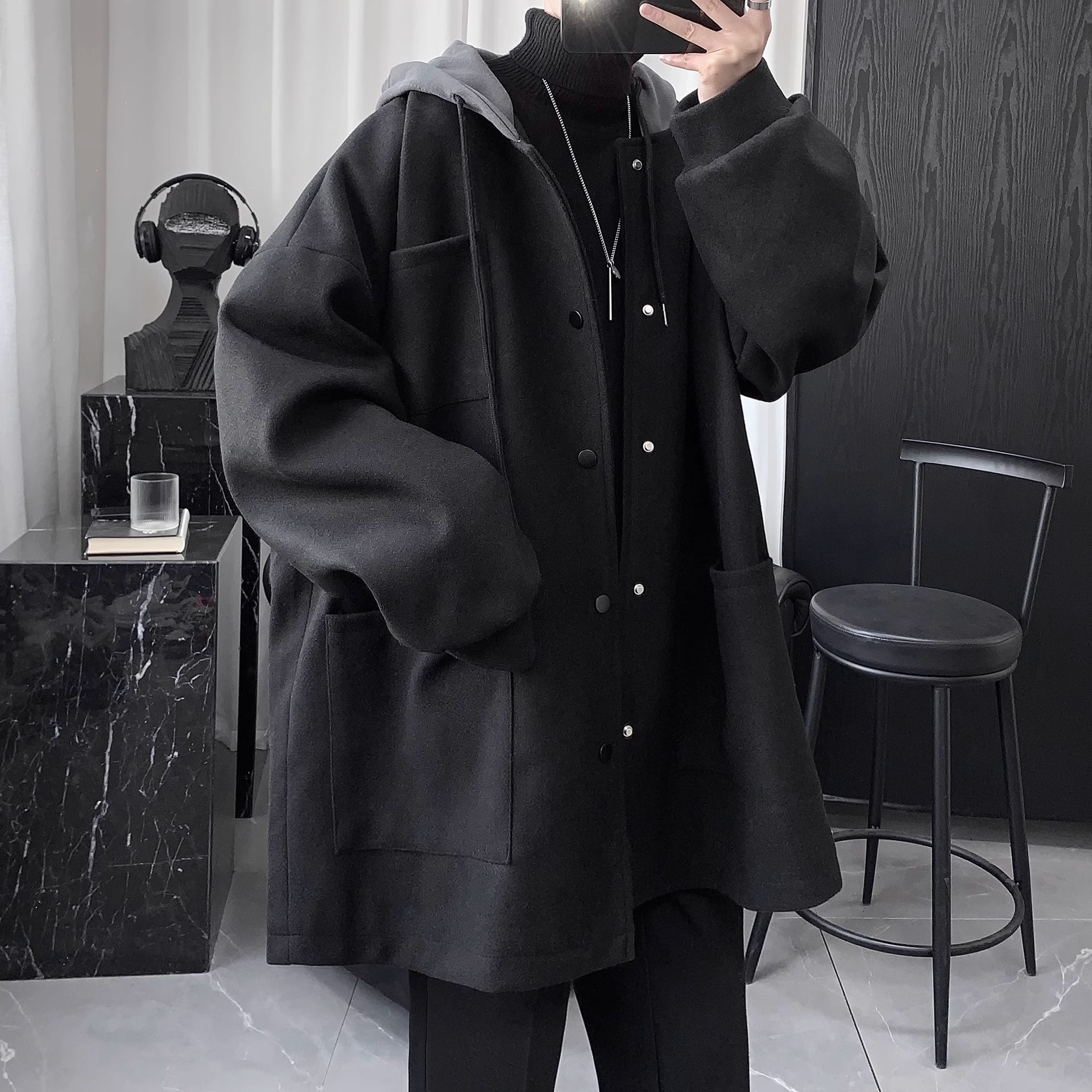 boy Boy Boy Quilted Hooded Wool Coat For Men, Mid-Leth Woolen Overcoat, Winter Thickened Black Korean Style Loose Fit Men's_voghion.com