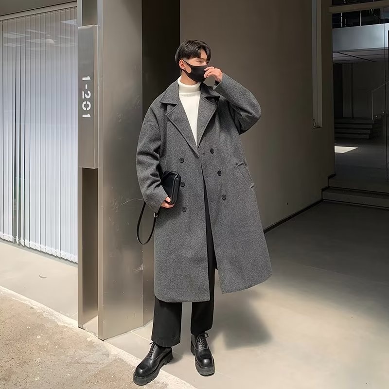 boy Boy Boy Double-Breasted Wool Coat For Men, Mid-Length Over-the-Knee Woolen Trench Coat, Autumn And Winter Korean Style, High-End_voghion.com