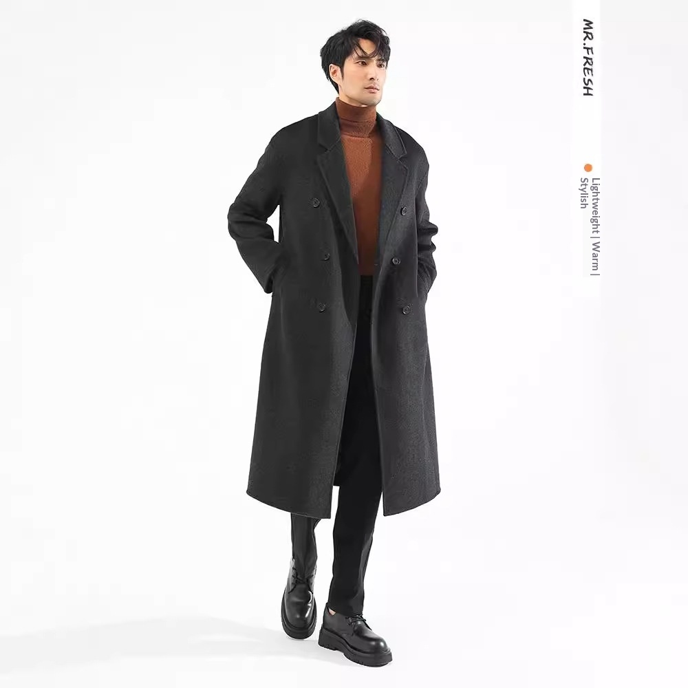 boy Boy Boy Autumn Winter Double-Sided Sheep Wool Men Long Over-the-Knee Double-Breasted Loose Korean Style Woolen Trench Coat_voghion.com
