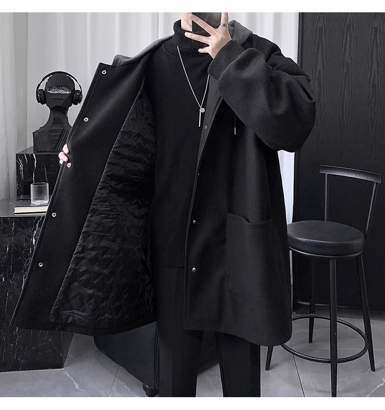 boy Boy Boy Quilted Hooded Wool Coat For Men, Mid-Leth Woolen Overcoat, Winter Thickened Black Korean Style Loose Fit Men's_voghion.com
