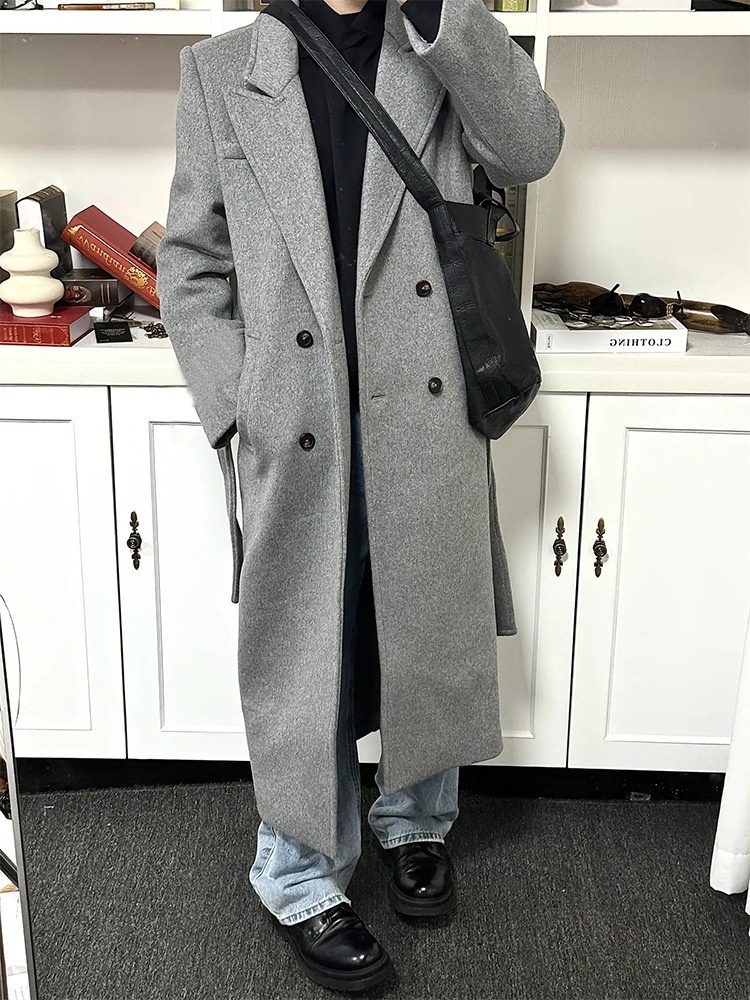 boy Boy Boy Cleanfit Dark Gray Wool For Men Winter High-End Feel Mid-Length Trench Coat Double-Breasted Woolen Jacket_voghion.com