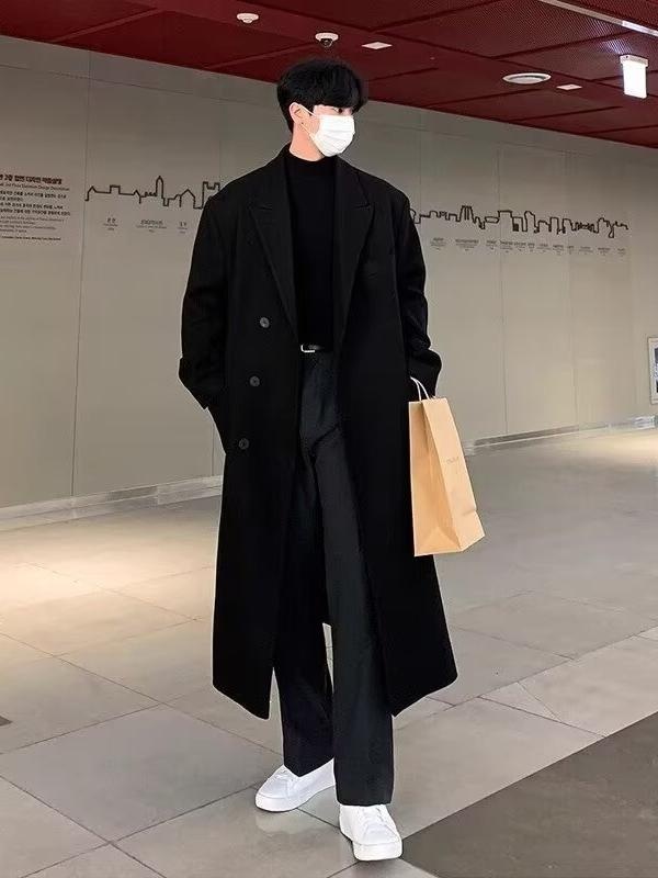 boy Boy Boy Men's Wool Single-Breasted Mid-Length Trench Coat Set For Men Autumn Winter Woolen Jacket_voghion.com