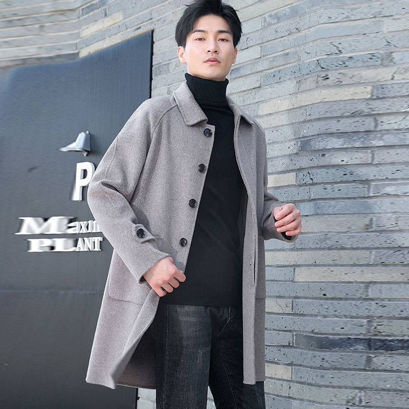 boy Boy Boy Autumn Winter New Pure Men's Loose Double-Sided Woolen Trench Coat Mid-Length Wool Korean Style Casual_voghion.com