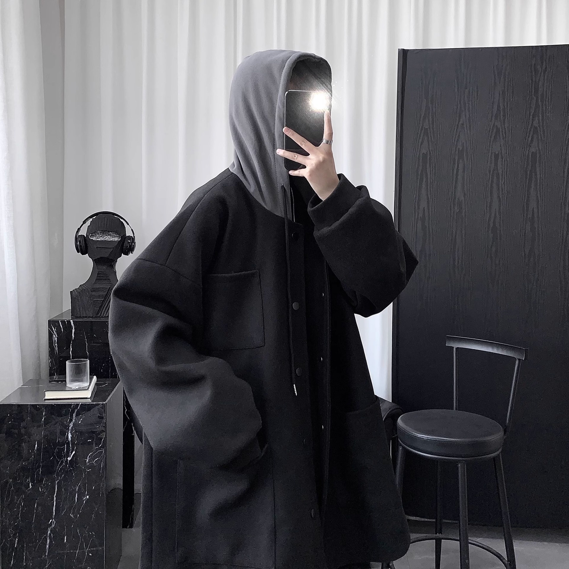 boy Boy Boy Quilted Hooded Wool Coat For Men, Mid-Leth Woolen Overcoat, Winter Thickened Black Korean Style Loose Fit Men's_voghion.com