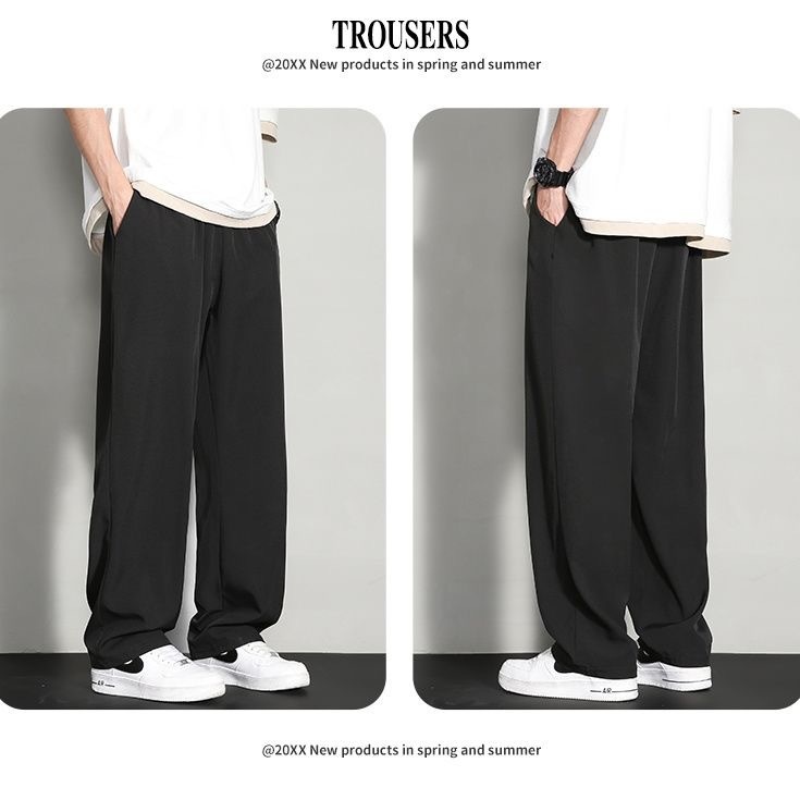 BOY BOY Silk Summer Thin Loose Wide Leg Sports Men Draped Dress Pants Straight Casual Trousers Ice Feel_voghion.com