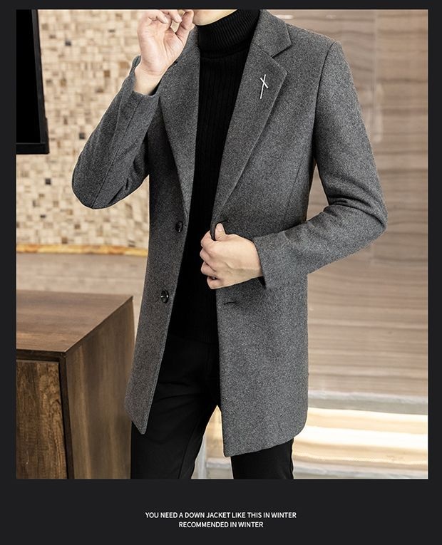 Manteau mi-long en laine style automne élégant hiver tendance coréen coupe slim pour homme_voghion.com