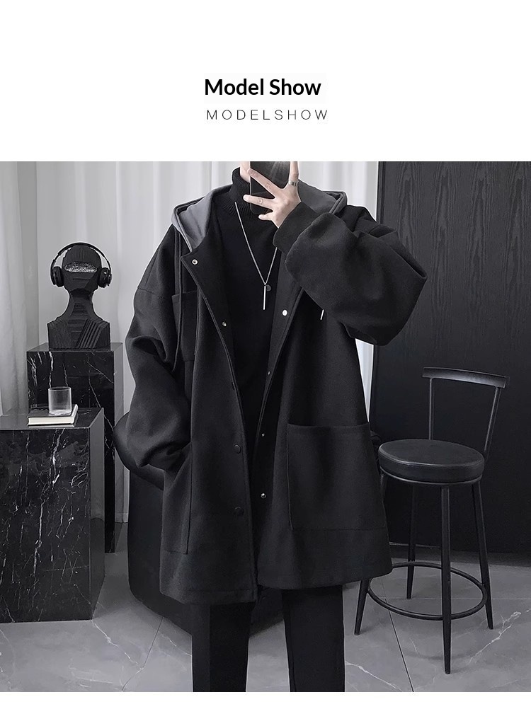 boy Boy Boy Quilted Hooded Wool Coat For Men, Mid-Leth Woolen Overcoat, Winter Thickened Black Korean Style Loose Fit Men's_voghion.com