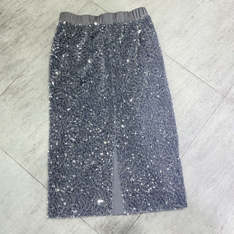 ChicShe Women's Fashion Station 25 New European Goods Trend Thickened Slit Velvet Sequin Mid-Length Bodycon Skirt For Women_voghion.com