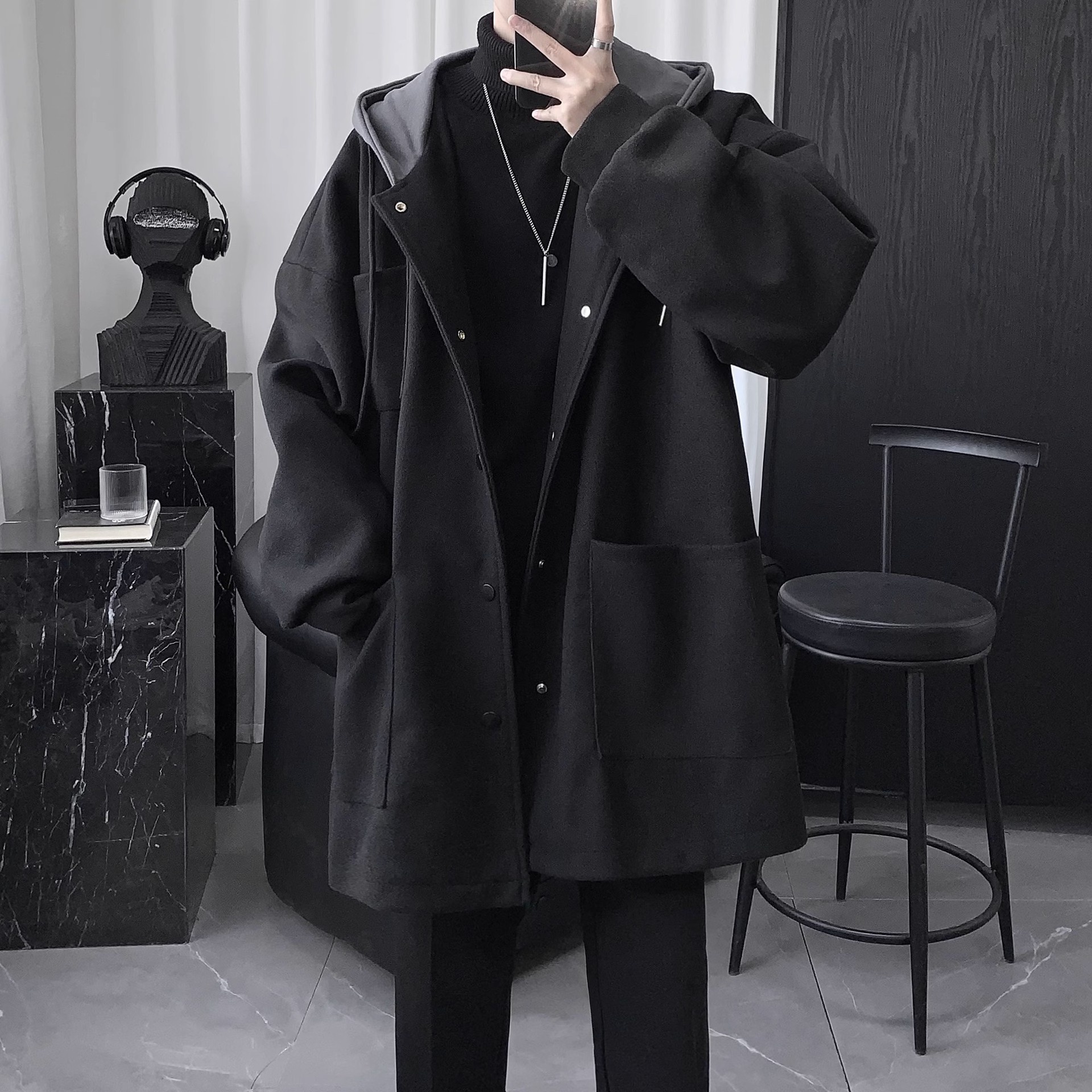 boy Boy Boy Quilted Hooded Wool Coat For Men, Mid-Leth Woolen Overcoat, Winter Thickened Black Korean Style Loose Fit Men's_voghion.com