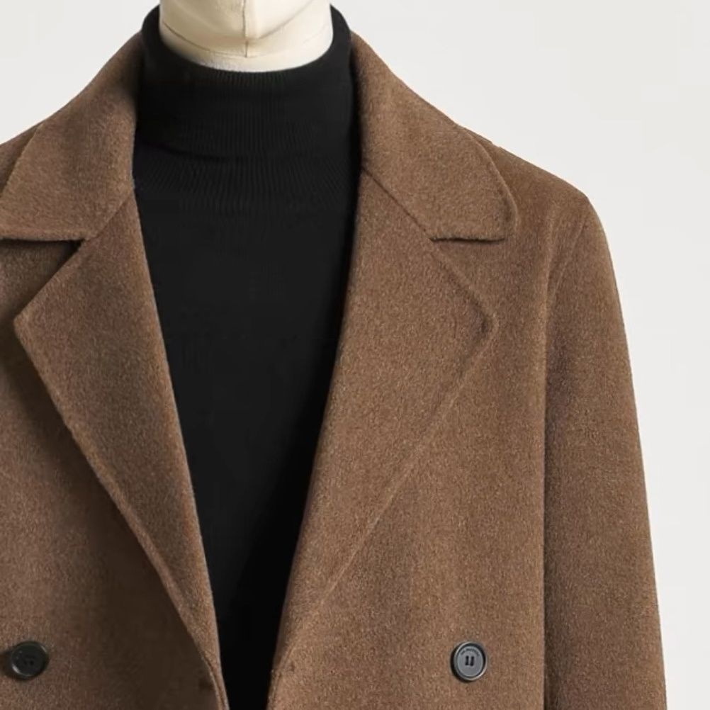 boy Boy Boy Autumn Winter Long Over-the-Knee Double-Sided Men Double-Breasted Korean Style Loose Woolen Trench Coat Black_voghion.com