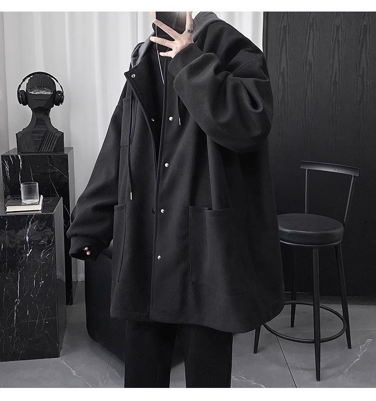 boy Boy Boy Quilted Hooded Wool Coat For Men, Mid-Leth Woolen Overcoat, Winter Thickened Black Korean Style Loose Fit Men's_voghion.com