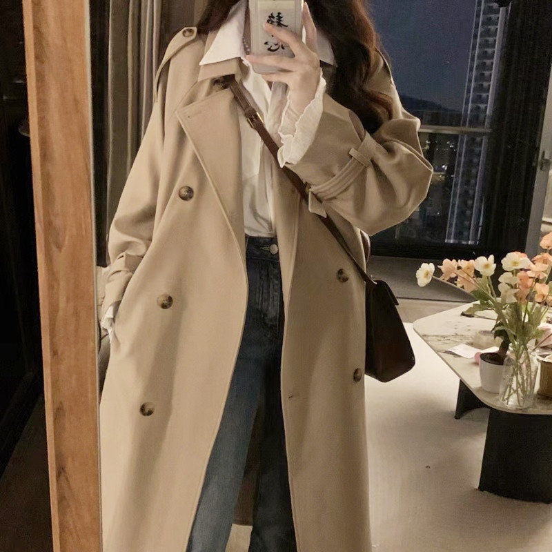 Globelle 2025 Nieuwe middellange, kleine maat, casual Britse stijl, Koreaanse trendy trenchcoat voor dames, lente en herfst_voghion.com