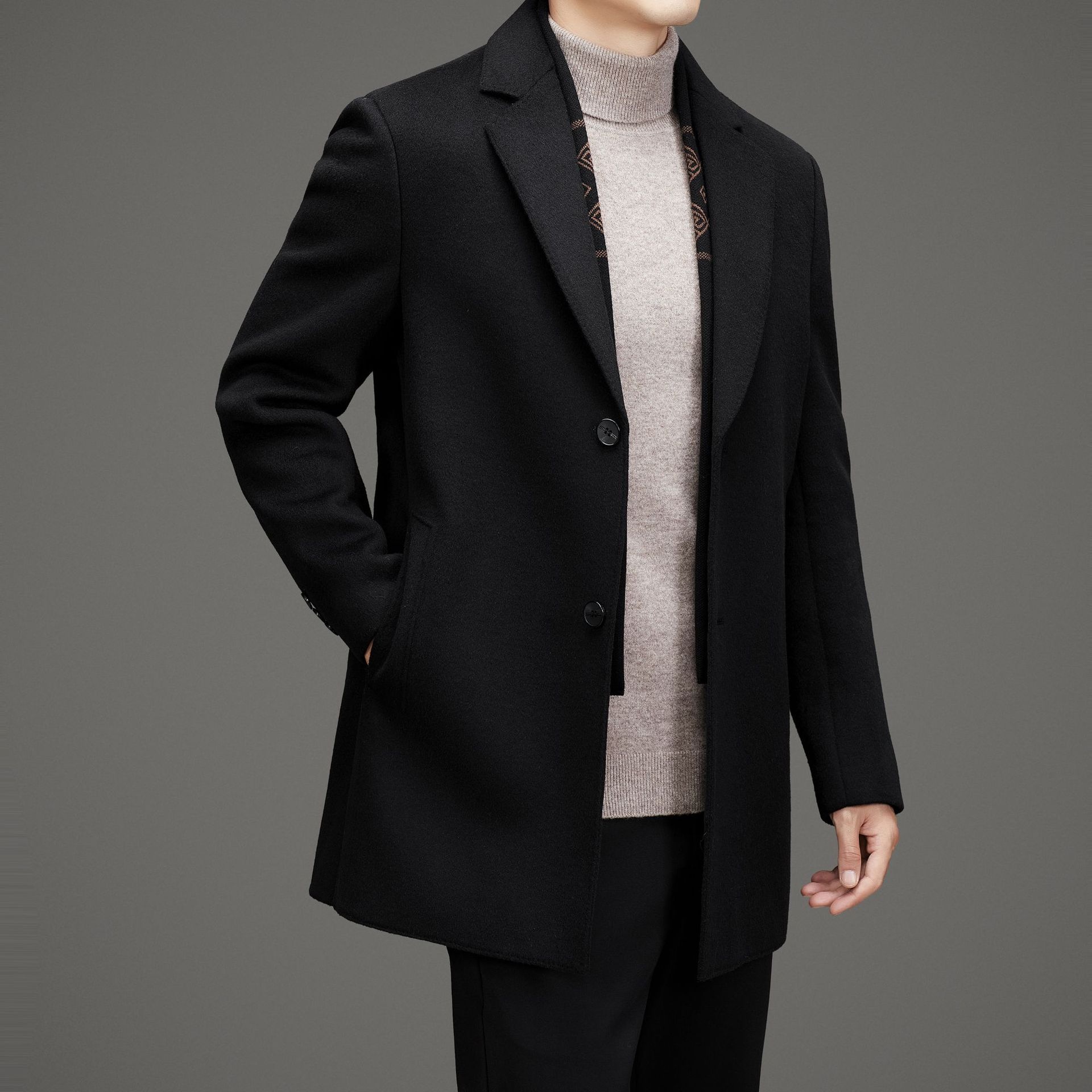 Herren-Herbst-Winter-Anzug, hochwertiger, fleecegefütterter Wollmantel, mittellange Jacke_voghion.com