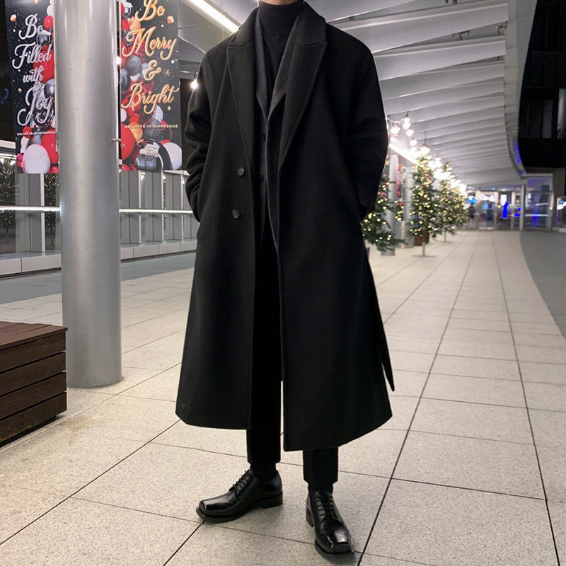 boy Boy Boy Winter Wool Korean Version Fashion Turn-Down Collar Thickened Woolen Jacket Men's Mid-Length Trench Coat_voghion.com