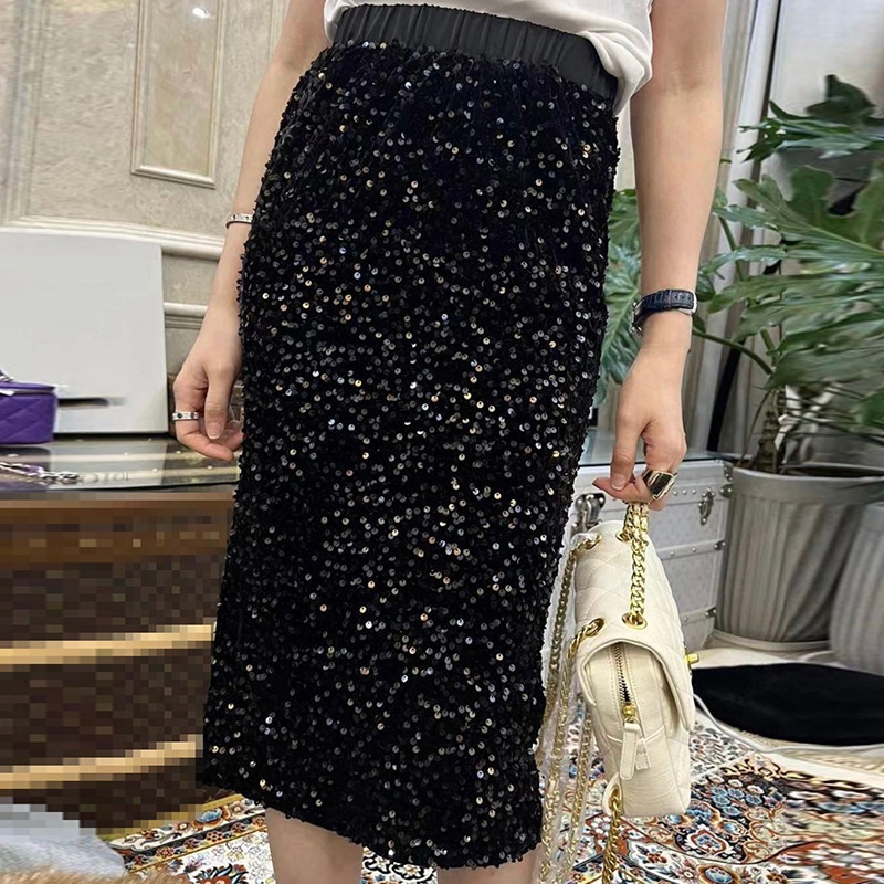 ChicShe Women's Fashion Station 25 New European Goods Trend Thickened Slit Velvet Sequin Mid-Length Bodycon Skirt For Women_voghion.com