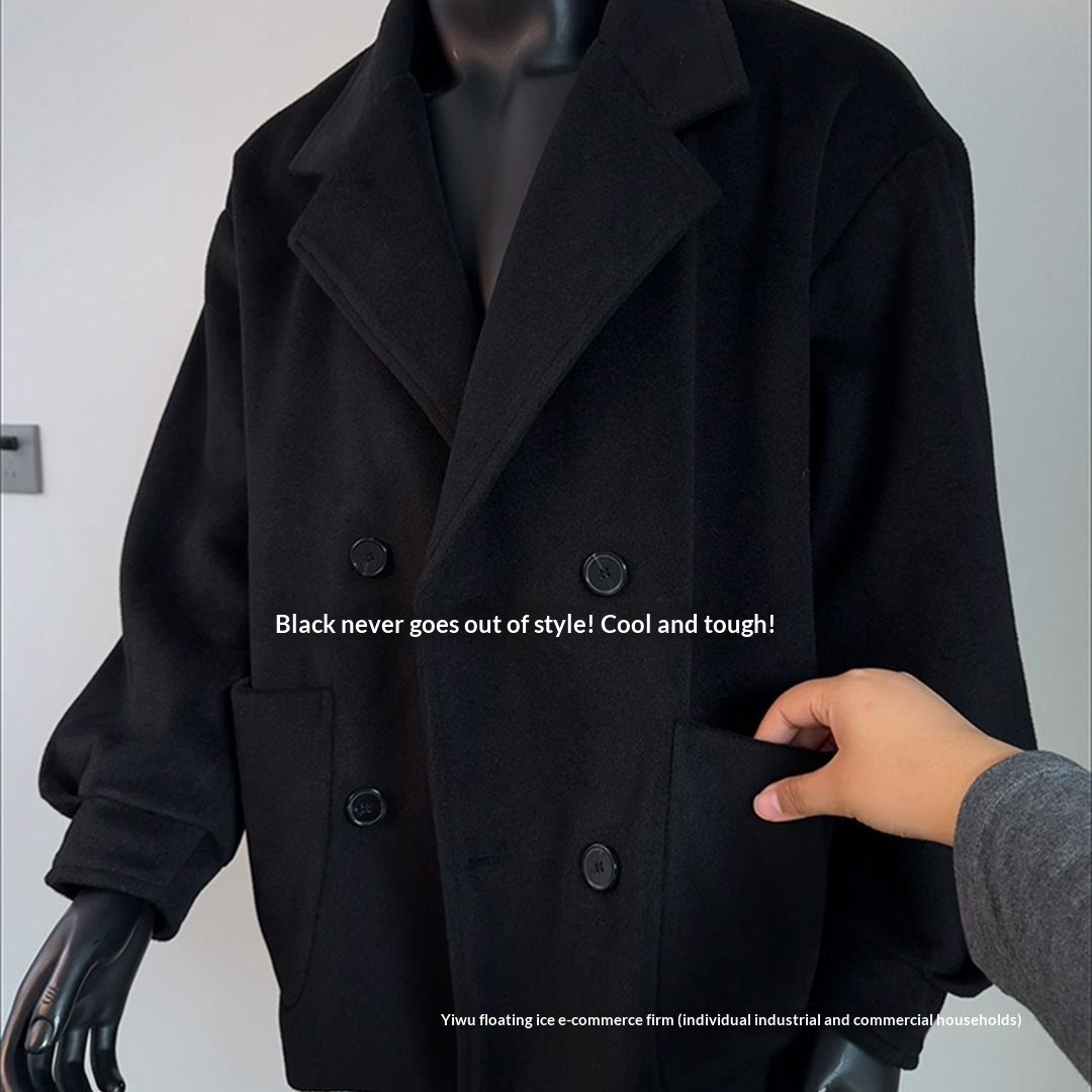 boy Boy Boy Black Short Lapel Coat For Men, Autumn And Winter Alpaca Wool Trench Coat, Fleece-Lined Thickened Blazer_voghion.com