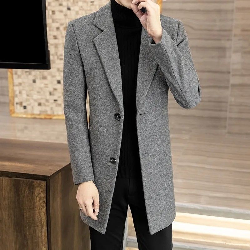 Manteau mi-long en laine style automne élégant hiver tendance coréen coupe slim pour homme_voghion.com