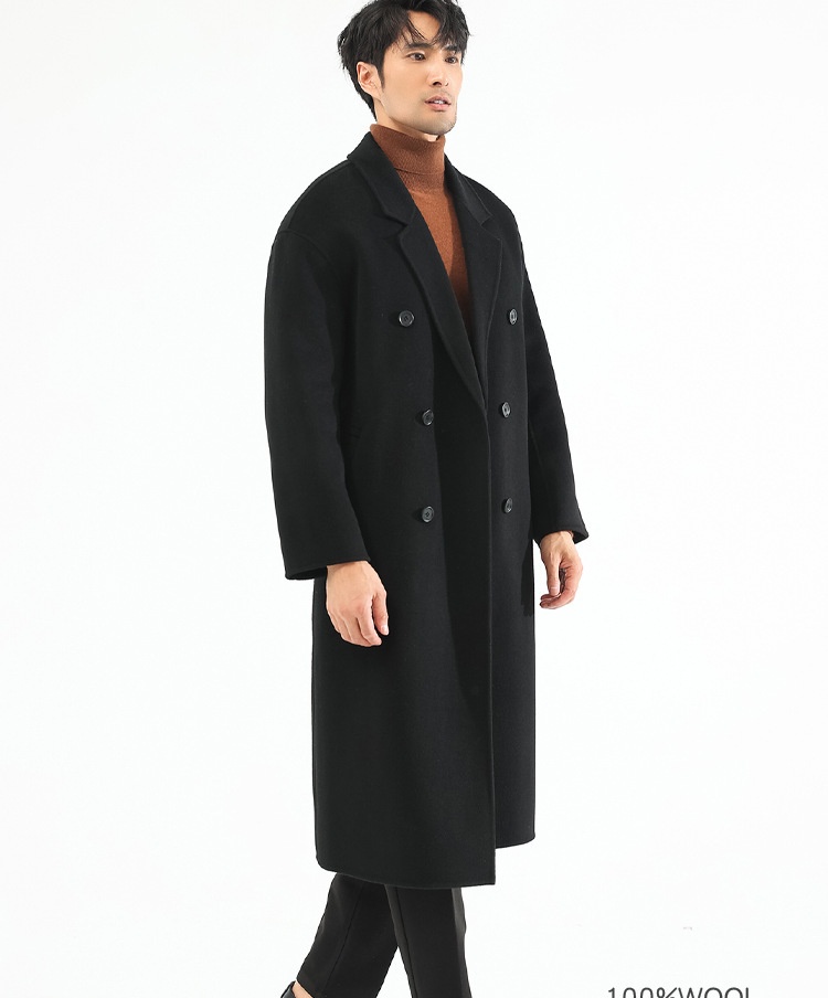 boy Boy Boy Autumn Winter Double-Sided Sheep Wool Men Long Over-the-Knee Double-Breasted Loose Korean Style Woolen Trench Coat_voghion.com