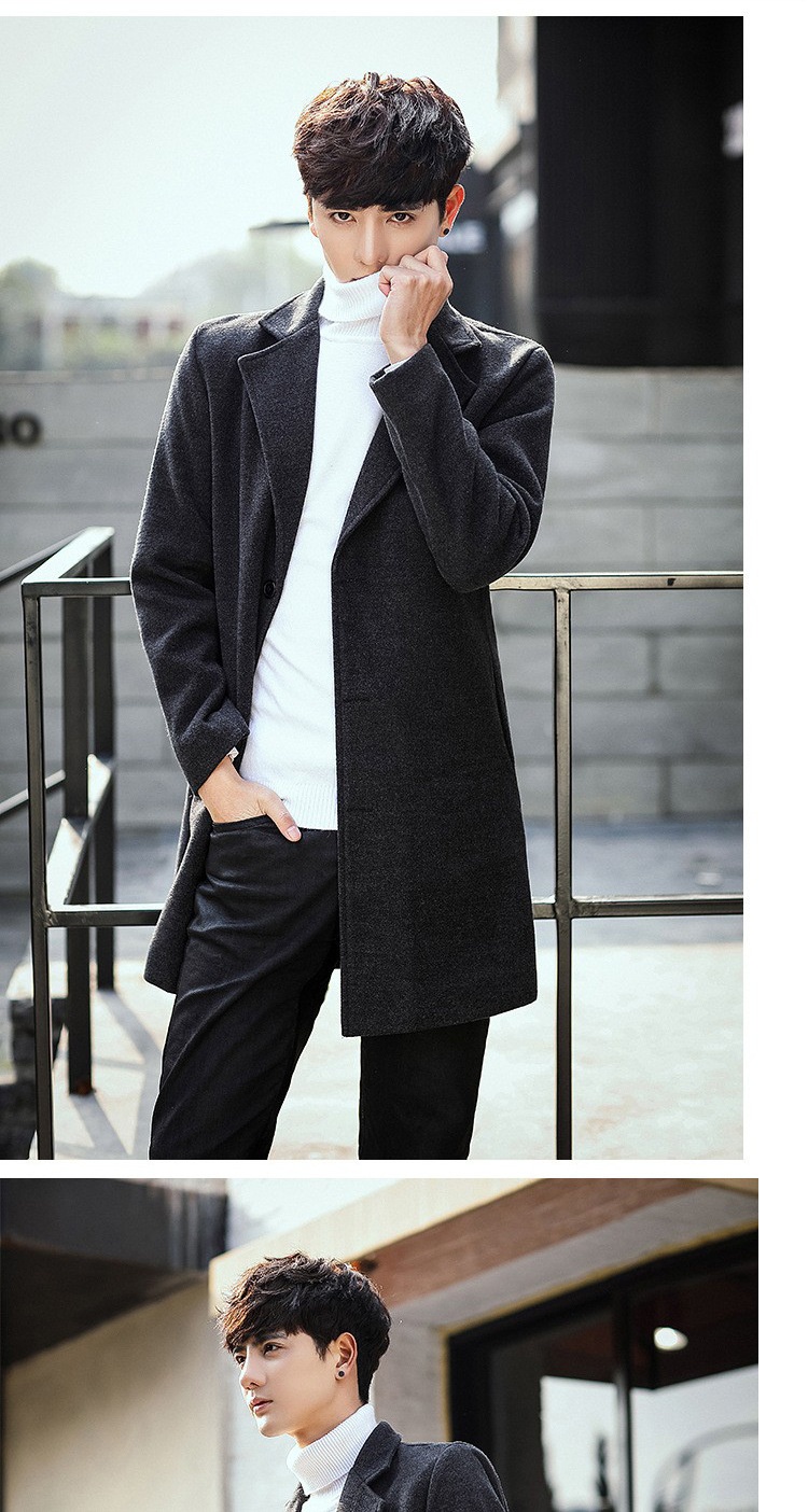 boy Boy Boy Autumn Winter New Wool Korean Style Slim Fit Mid-Length Trench Woolen Material Jacket Men's Coat_voghion.com