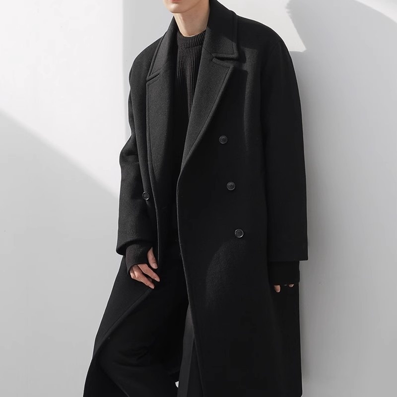 boy Boy Boy Trench Double-Breasted Black Mid-Length Coat Men's Autumn Winter Woolen Jacket_voghion.com