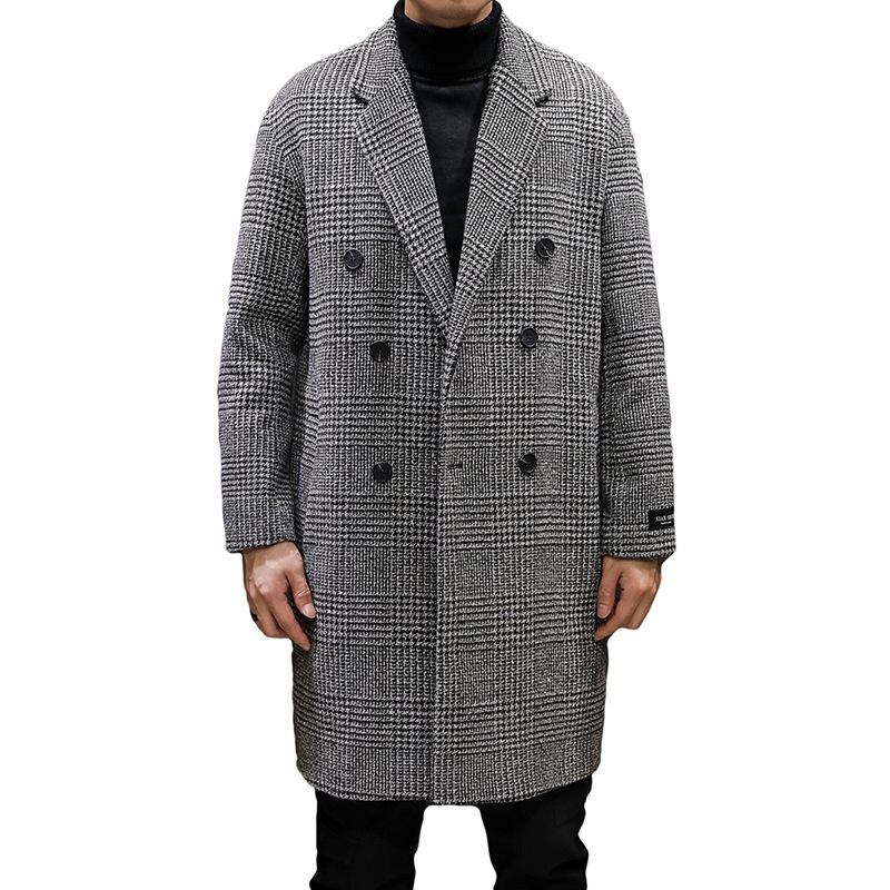 boy Boy Boy 2024 Autumn Winter Men's Wool Slim Fit Woolen Jacket Trench Plaid Double Breasted Mid-Length Coat White_voghion.com