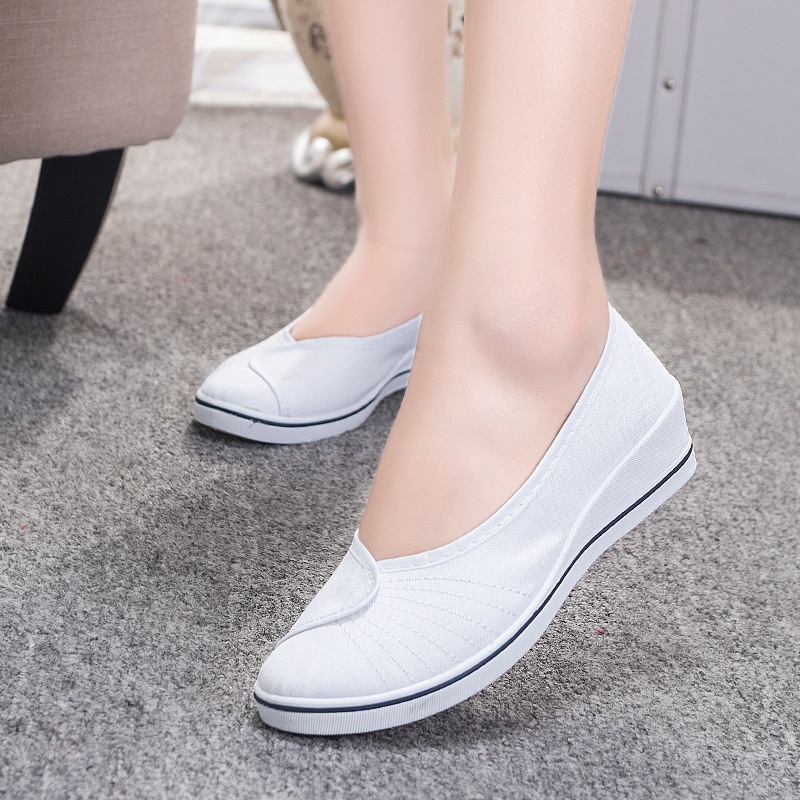 ShoeGlobe Low-Cut White Nurse Flat Wedge Soft Sole Canvas For Women Hotel Hospital Beauty Salon Work Shoes Wholesale_voghion.com
