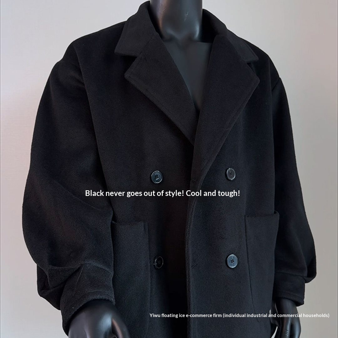 boy Boy Boy Black Short Lapel Coat For Men, Autumn And Winter Alpaca Wool Trench Coat, Fleece-Lined Thickened Blazer_voghion.com