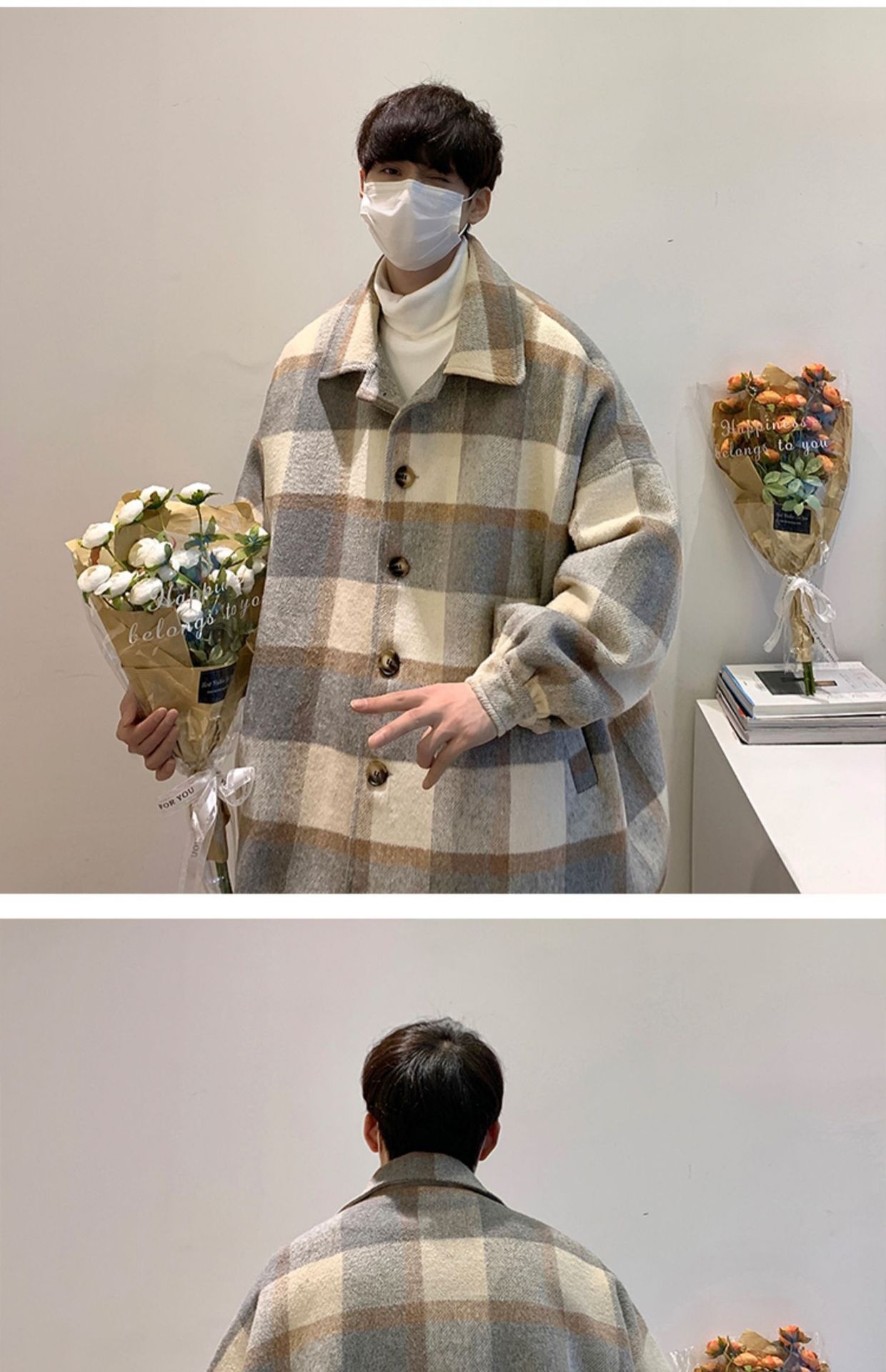 boy Boy Boy Plaid Wool Coat Men, Mid-Length, Autumn Trendy Trench Coat, Loose Fit, Winter Thickened Woolen Jacket For Men_voghion.com