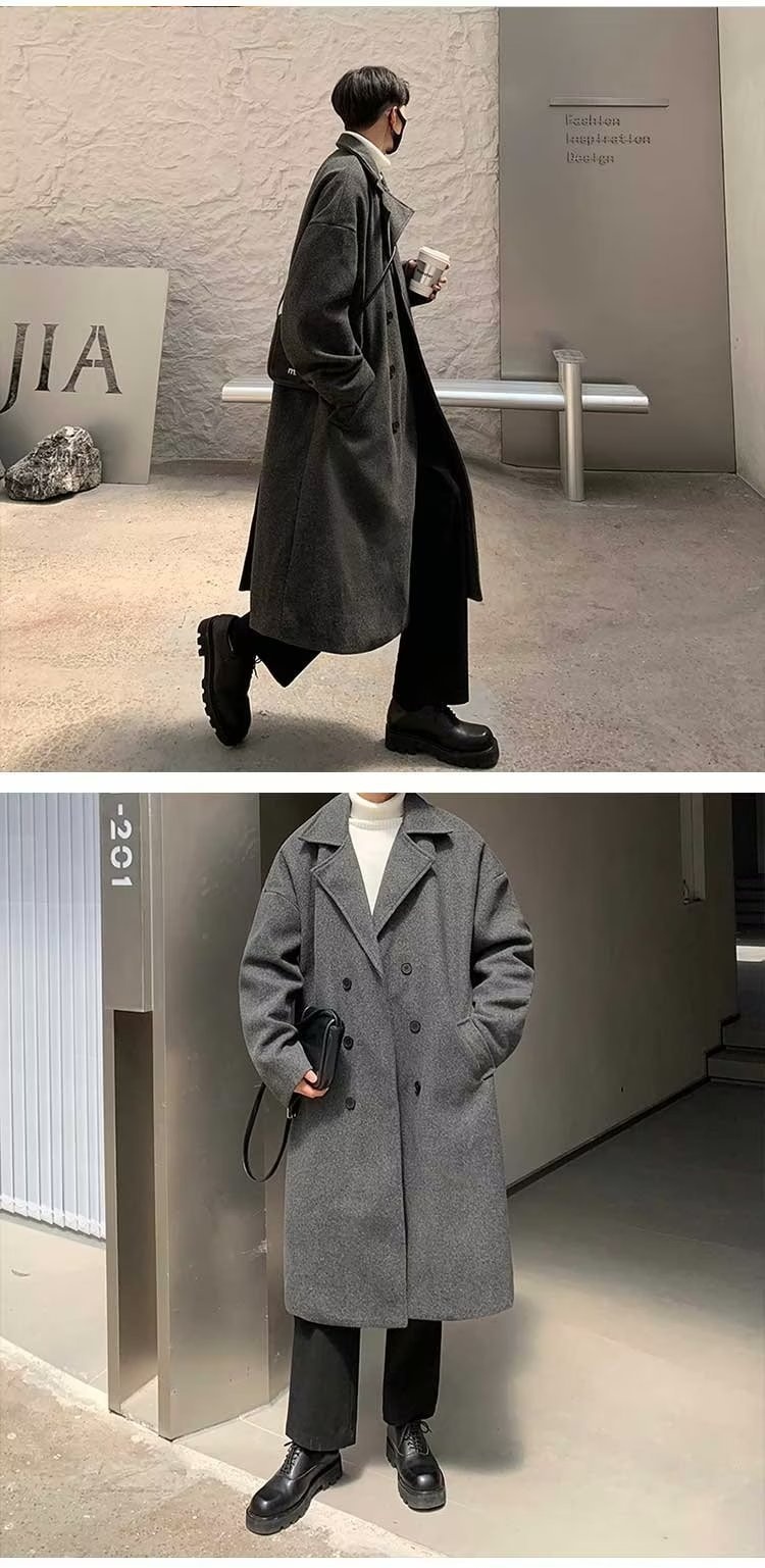 boy Boy Boy Double-Breasted Wool Coat For Men, Mid-Length Over-the-Knee Woolen Trench Coat, Autumn And Winter Korean Style, High-End_voghion.com
