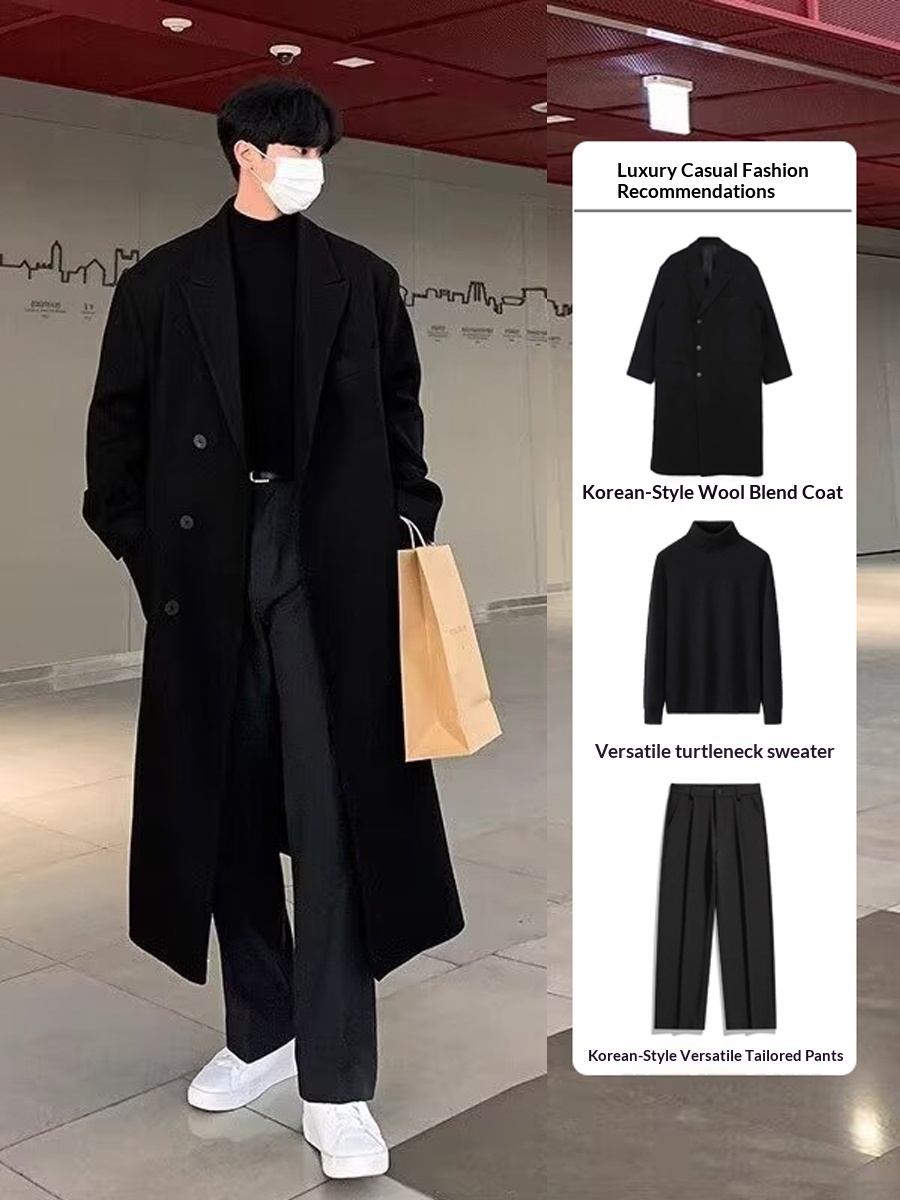 boy Boy Boy Men's Wool Single-Breasted Mid-Length Trench Coat Set For Men Autumn Winter Woolen Jacket_voghion.com