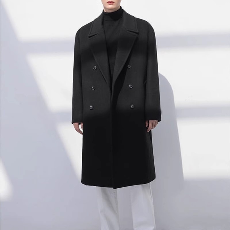 boy Boy Boy Trench Double-Breasted Black Mid-Length Coat Men's Autumn Winter Woolen Jacket_voghion.com