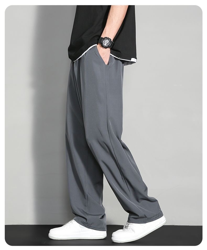 BOY BOY Silk Summer Thin Loose Wide Leg Sports Men Draped Dress Pants Straight Casual Trousers Ice Feel_voghion.com