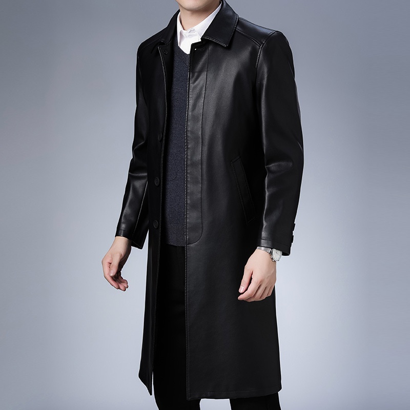 boy Boy Boy 2022 Winter New Men's PU Trench Casual Extended Over-the-Knee Jacket Middle-Aged Turn-Down Collar Leather Coat Wholesale_voghion.com
