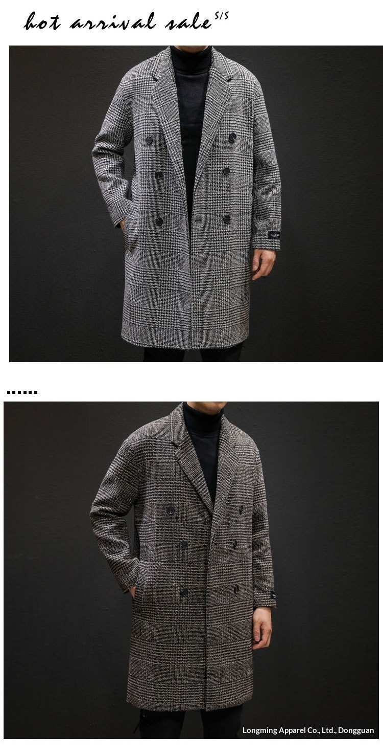 boy Boy Boy 2024 Autumn Winter Men's Wool Slim Fit Woolen Jacket Trench Plaid Double Breasted Mid-Length Coat White_voghion.com